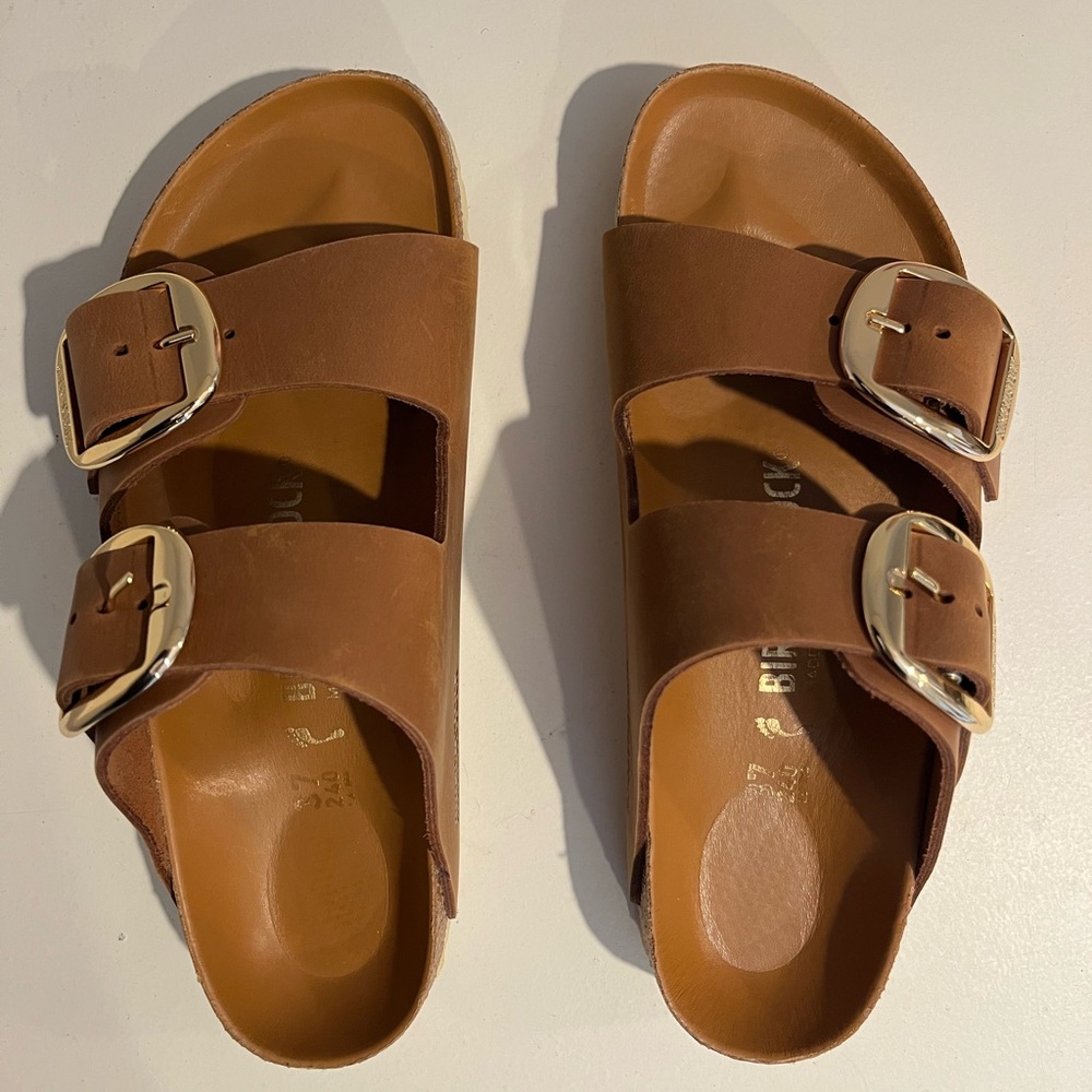 Birkenstock Tan Sandals with Gold Buckles